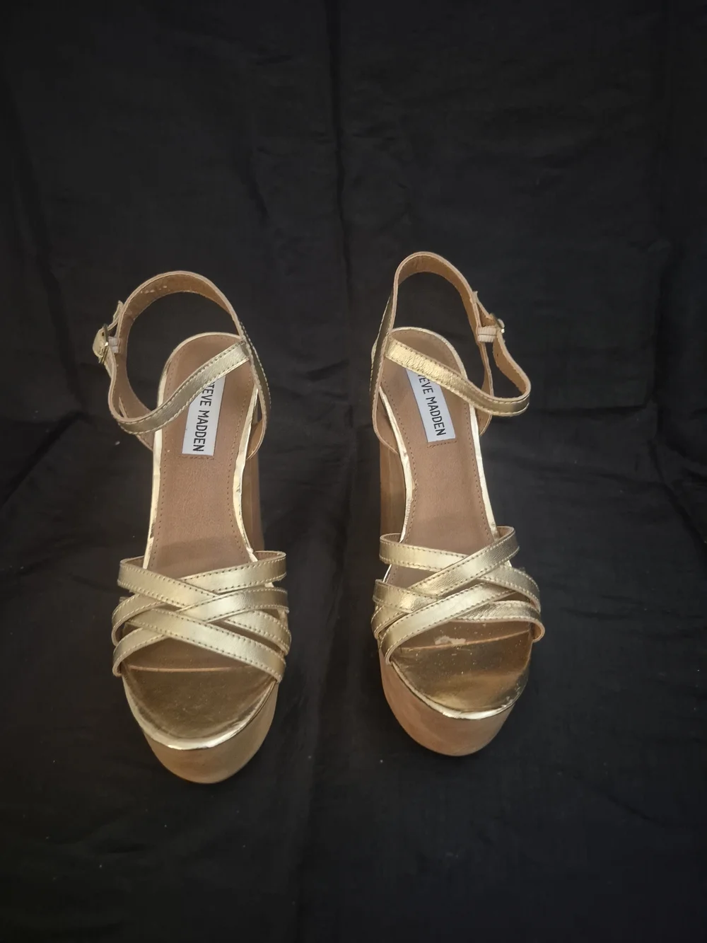 Steve Madden Metallic Gold Platform Sandals with Wood Block Heel